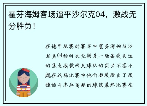 霍芬海姆客场逼平沙尔克04，激战无分胜负！