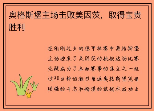 奥格斯堡主场击败美因茨，取得宝贵胜利