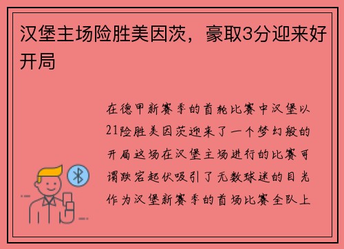 汉堡主场险胜美因茨，豪取3分迎来好开局